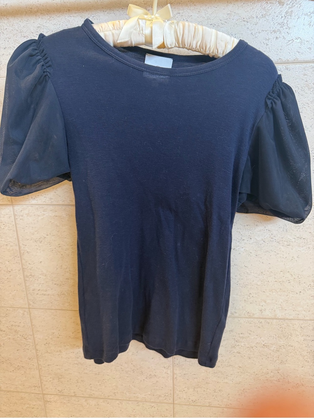 Classic Navy Puff Sleeve Tee with Sheer Sleeves